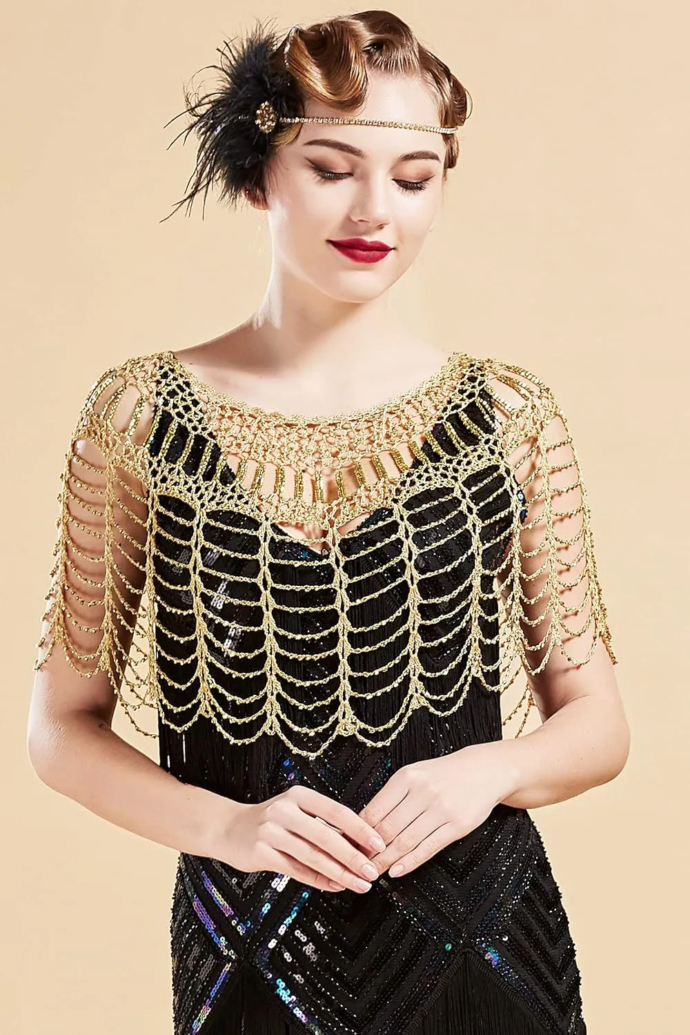 BABEYOND 1920s Shawl Wraps Gatsby Beaded Evening Cape Bridal Shawl Bolero Flapper Cover Up