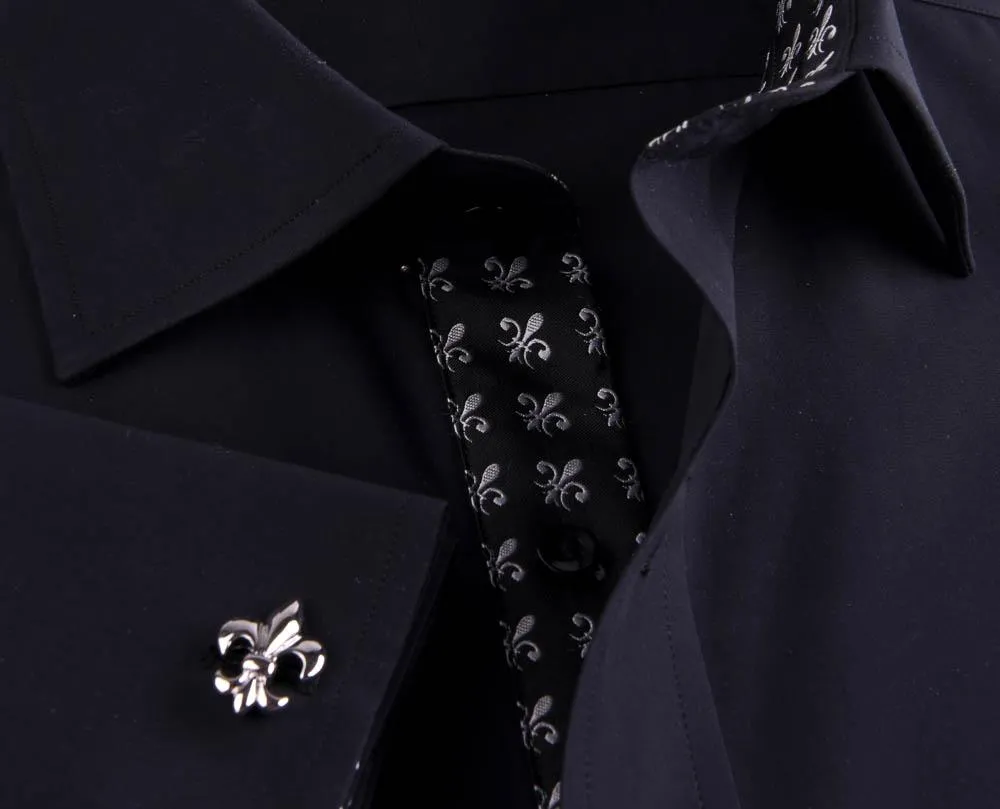 Black Poplin Formal Business Dress Shirt Fleur-De-Lis Floral Inner Lining Fashion