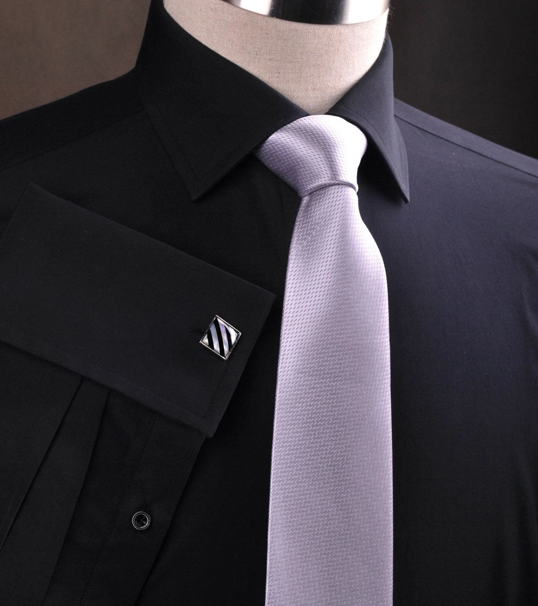 Black Poplin Formal Business Dress Shirt Fleur-De-Lis Floral Inner Lining Fashion