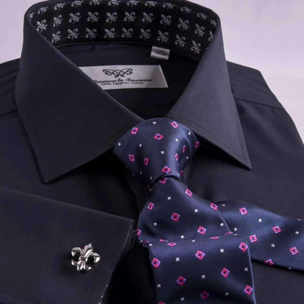 Black Poplin Formal Business Dress Shirt Fleur-De-Lis Floral Inner Lining Fashion