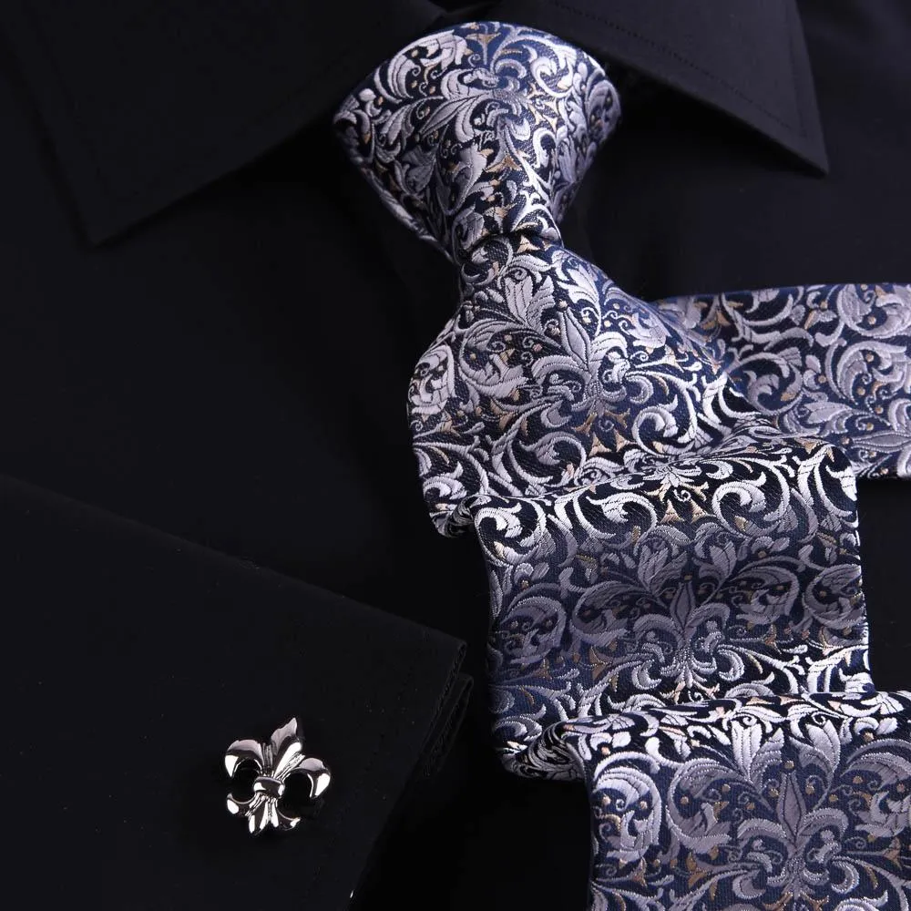 Black Poplin Formal Business Dress Shirt Fleur-De-Lis Floral Inner Lining Fashion
