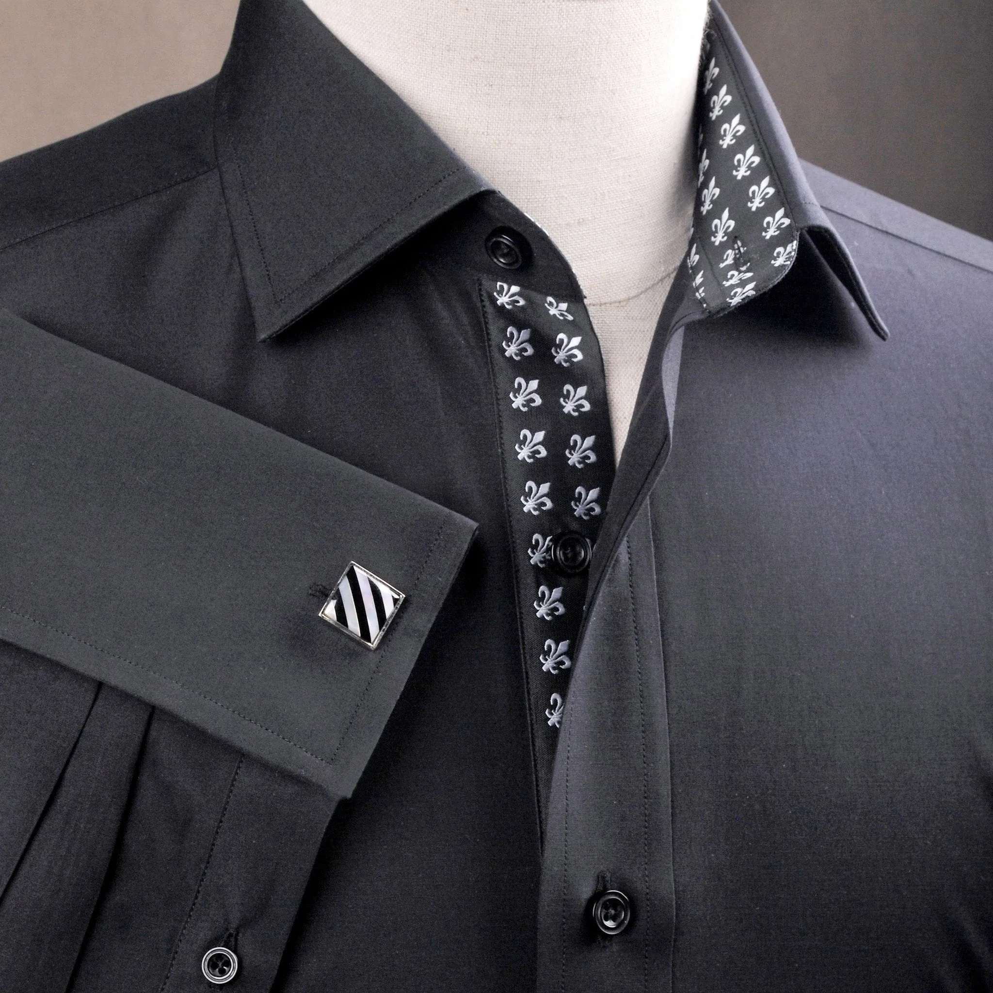 Black Poplin Formal Business Dress Shirt Fleur-De-Lis Floral Inner Lining Fashion