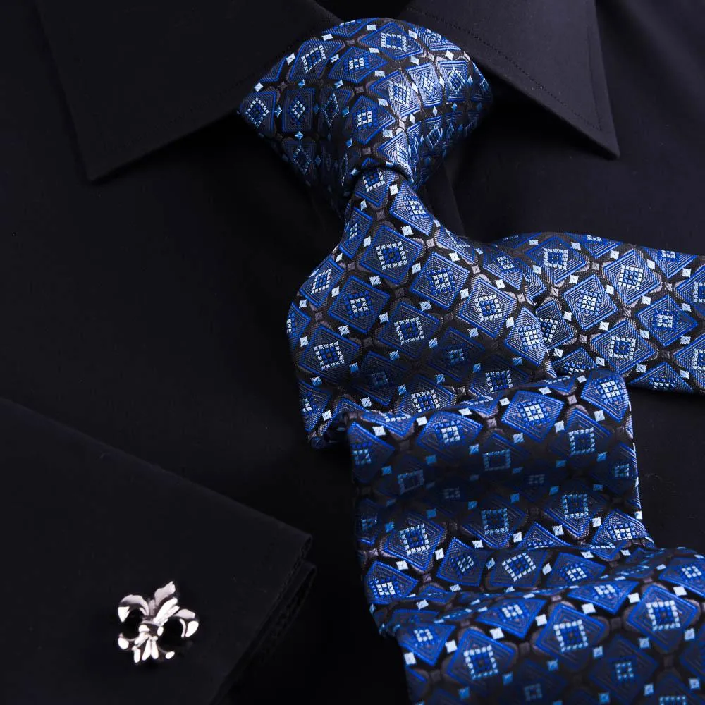 Black Poplin Formal Business Dress Shirt Fleur-De-Lis Floral Inner Lining Fashion
