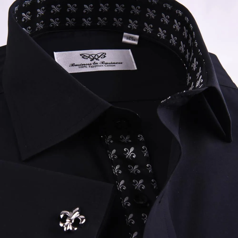 Black Poplin Formal Business Dress Shirt Fleur-De-Lis Floral Inner Lining Fashion