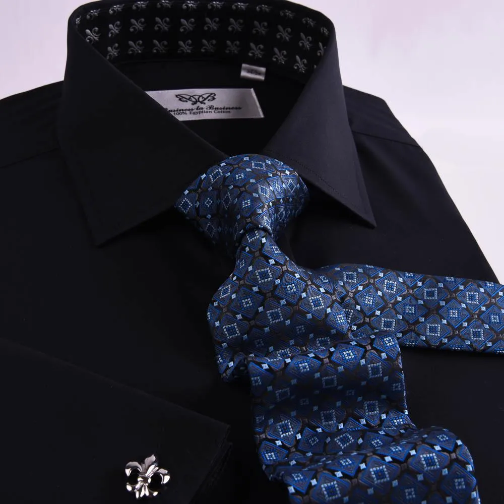 Black Poplin Formal Business Dress Shirt Fleur-De-Lis Floral Inner Lining Fashion