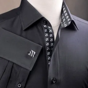 Black Poplin Formal Business Dress Shirt Fleur-De-Lis Floral Inner Lining Fashion