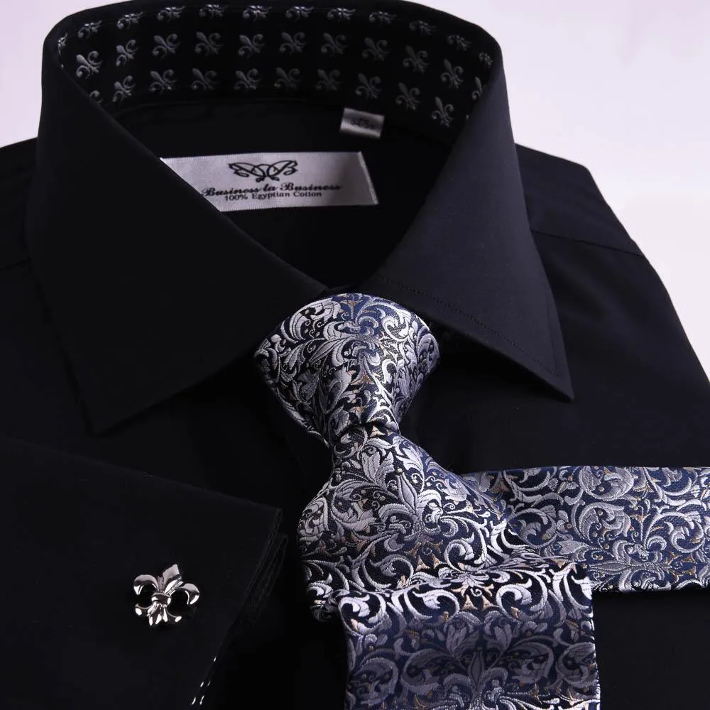 Black Poplin Formal Business Dress Shirt Fleur-De-Lis Floral Inner Lining Fashion
