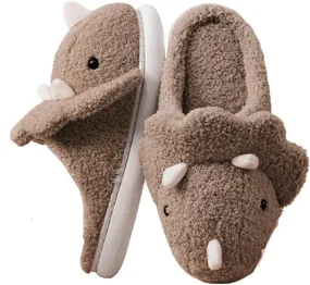 Caistre Adult Unisex Animal Slippers - Warm Plush Dinosaur Design Home Shoes - Funny Triceratops Non-Slip Bedroom Slippers