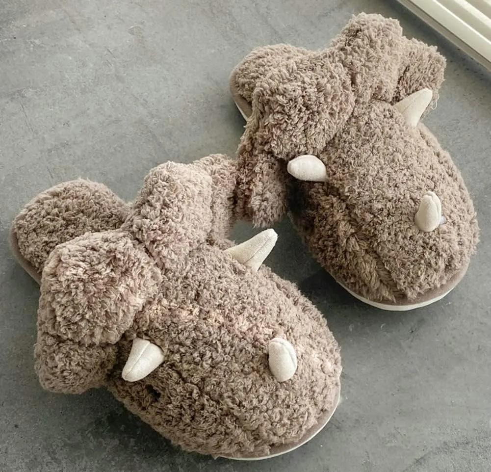 Caistre Adult Unisex Animal Slippers - Warm Plush Dinosaur Design Home Shoes - Funny Triceratops Non-Slip Bedroom Slippers