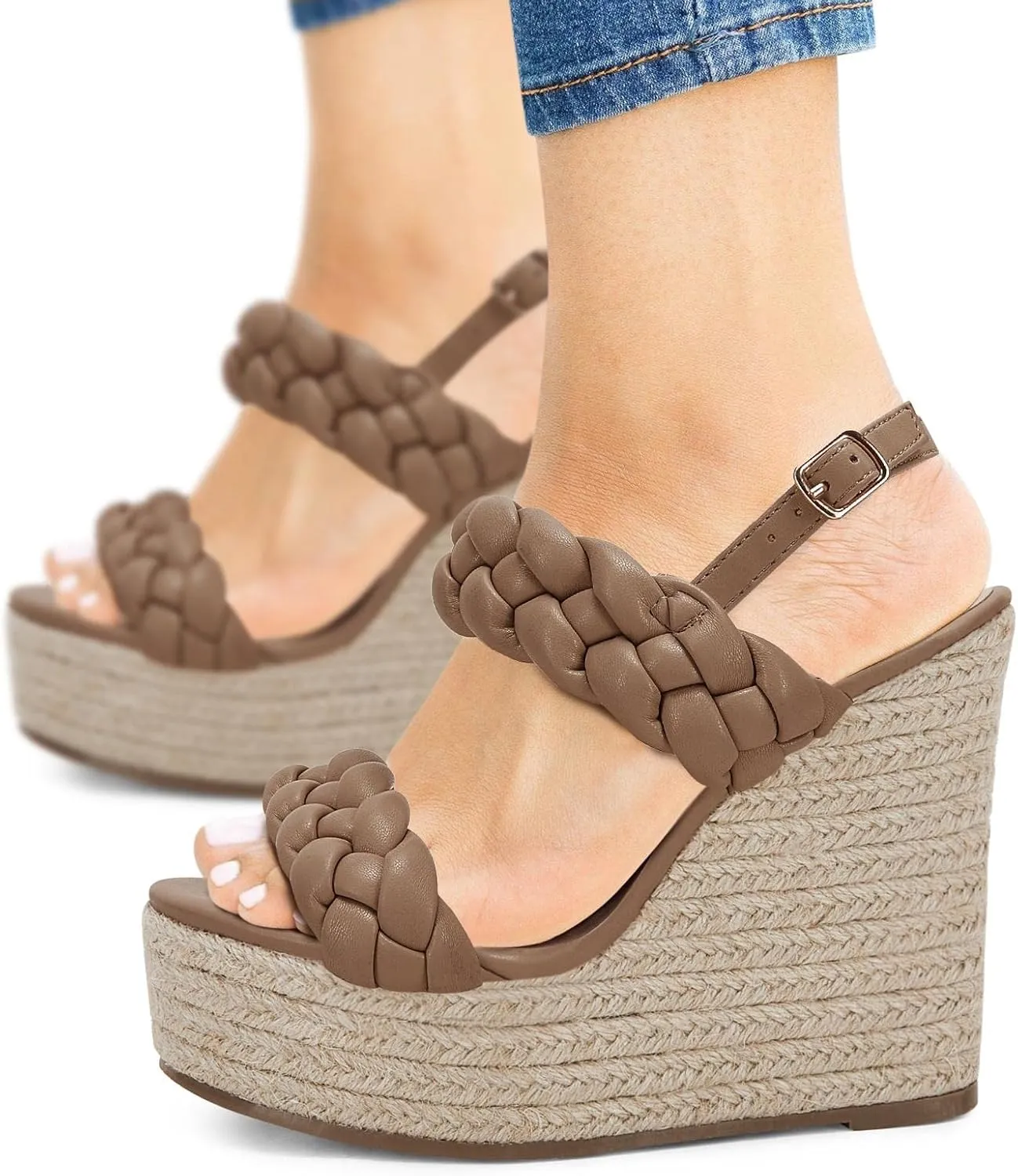 Coutgo Women's Braided Espadrille Platform Wedge Sandals Open Toe Two Strap Ankle Buckle Summer Shoes