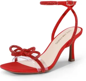 DREAM PAIRS Women's Double Bowknots Heels Open Square Toe Ankle Strap Crystal Rhinestone Dress Sandals for Party Wedding