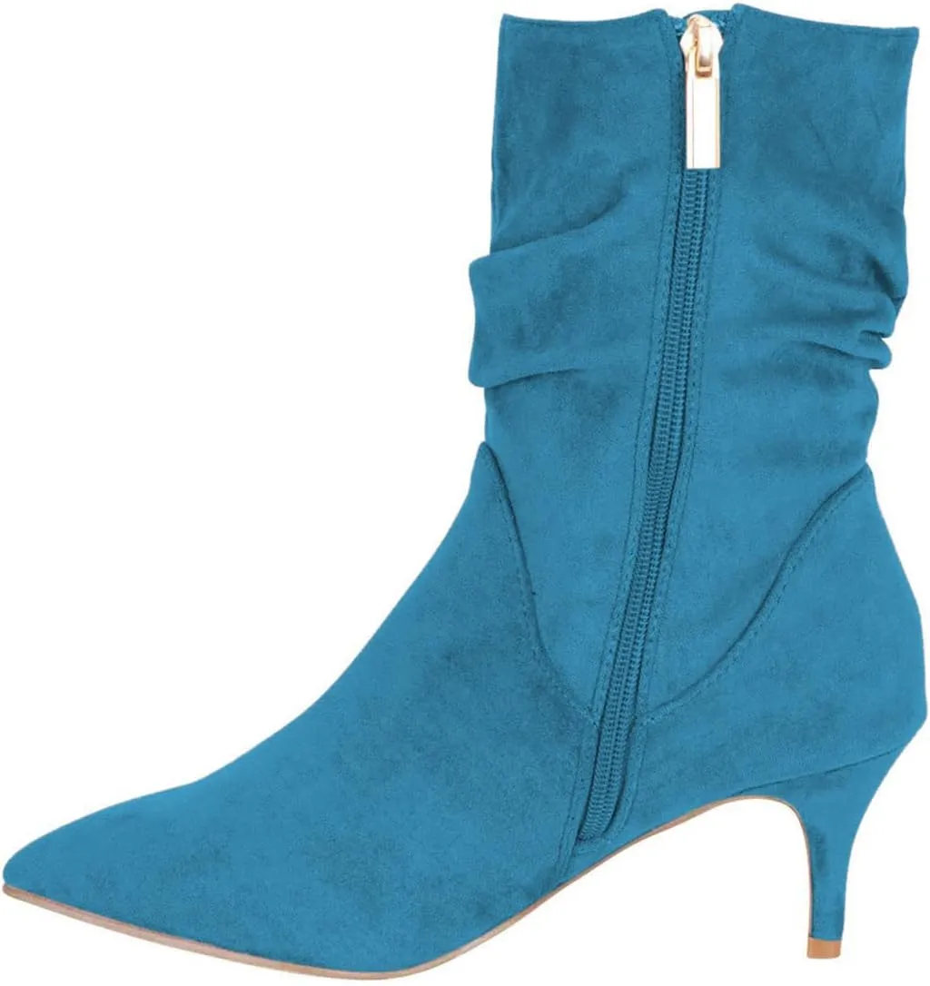 FSJ Women Elegant Slouch Ankle Boots Pointed Closed Toe Kitten Low Heels Stacked Short Booties Leather Side Zipper Ladies Office Party Prom Fall Winter Dress Shoes Size 4-15 US