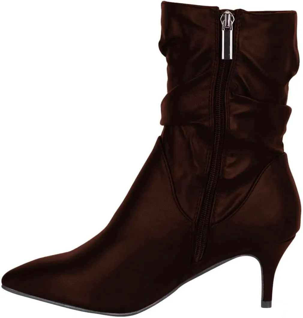 FSJ Women Elegant Slouch Ankle Boots Pointed Closed Toe Kitten Low Heels Stacked Short Booties Leather Side Zipper Ladies Office Party Prom Fall Winter Dress Shoes Size 4-15 US