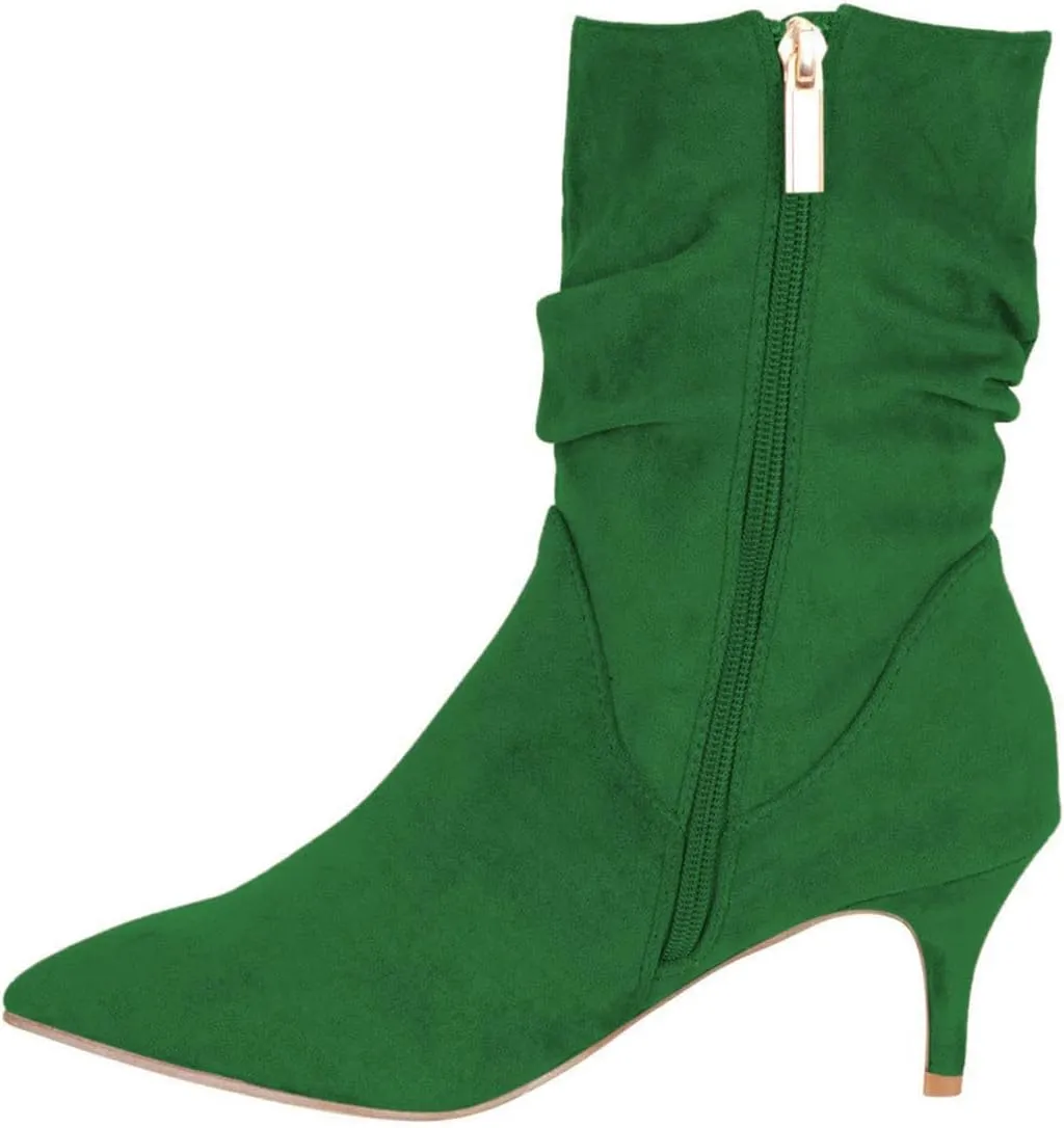 FSJ Women Elegant Slouch Ankle Boots Pointed Closed Toe Kitten Low Heels Stacked Short Booties Leather Side Zipper Ladies Office Party Prom Fall Winter Dress Shoes Size 4-15 US