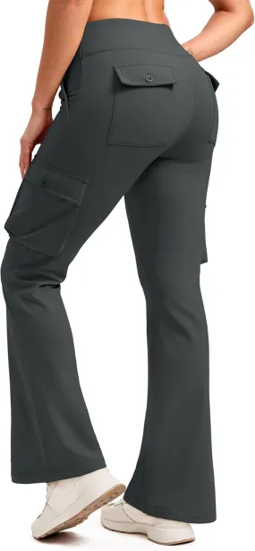 G Gradual Women's Fleece Lined Cargo Pants 6 Pockets Bootcut Water Resistant Winter Flare Leggings for Work, Hiking, Travel