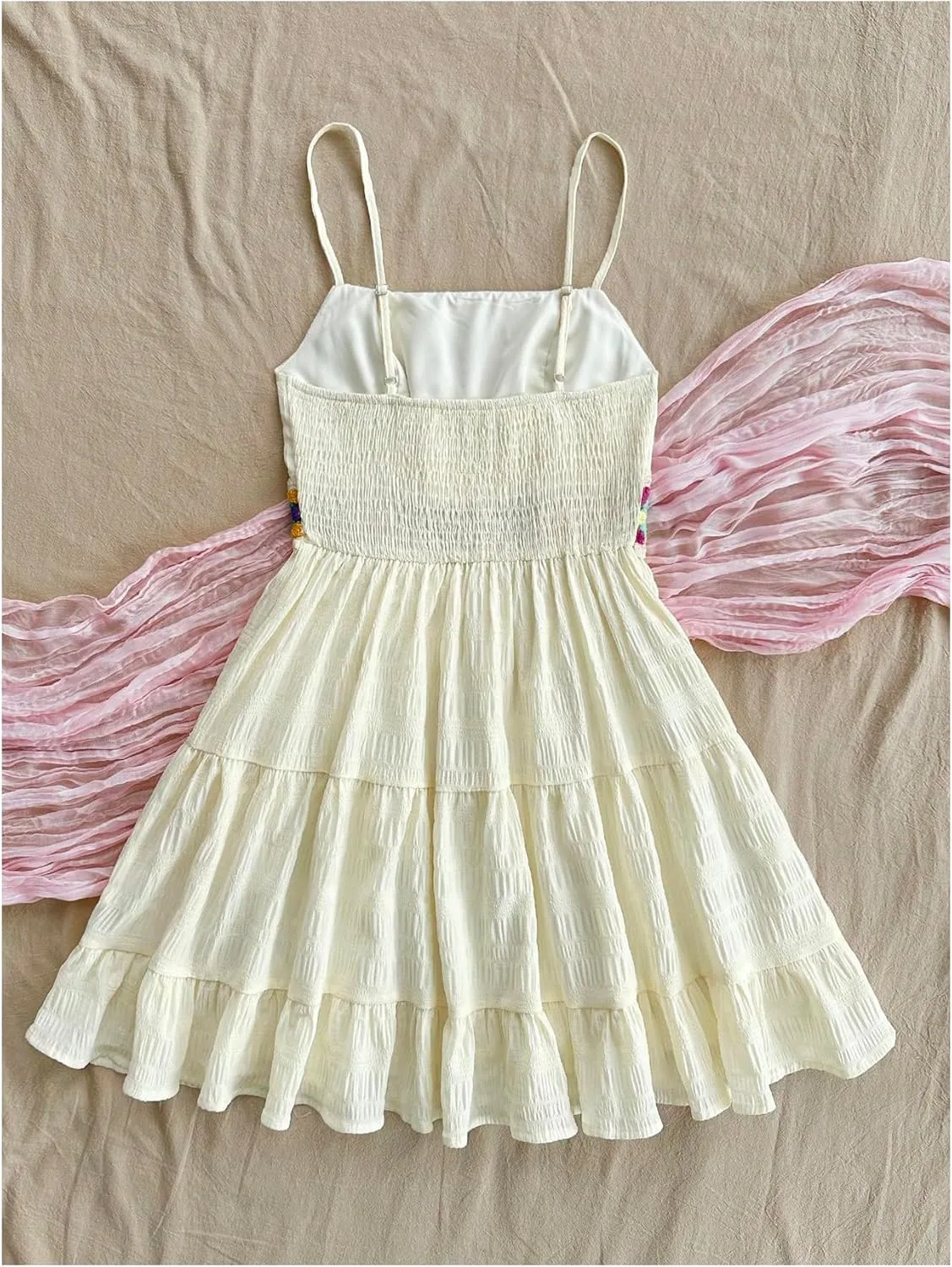 MakeMeChic Women's Floral Crochet Shirred Mini Dress Spaghetti Strap A Line Cami Dresses