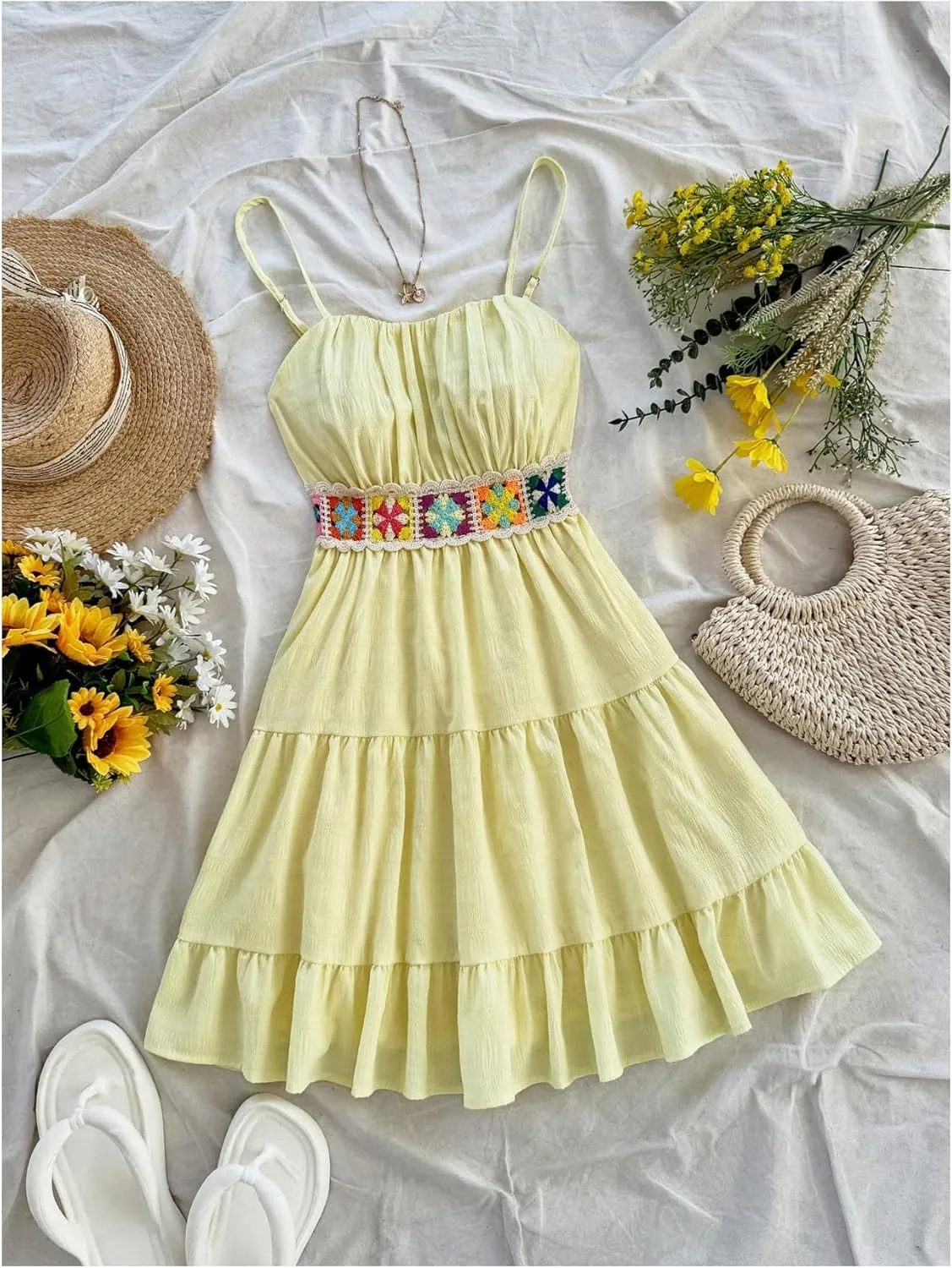 MakeMeChic Women's Floral Crochet Shirred Mini Dress Spaghetti Strap A Line Cami Dresses