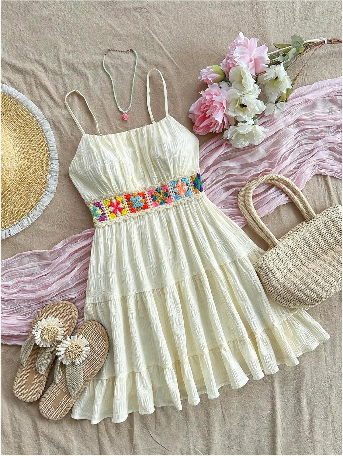 MakeMeChic Women's Floral Crochet Shirred Mini Dress Spaghetti Strap A Line Cami Dresses