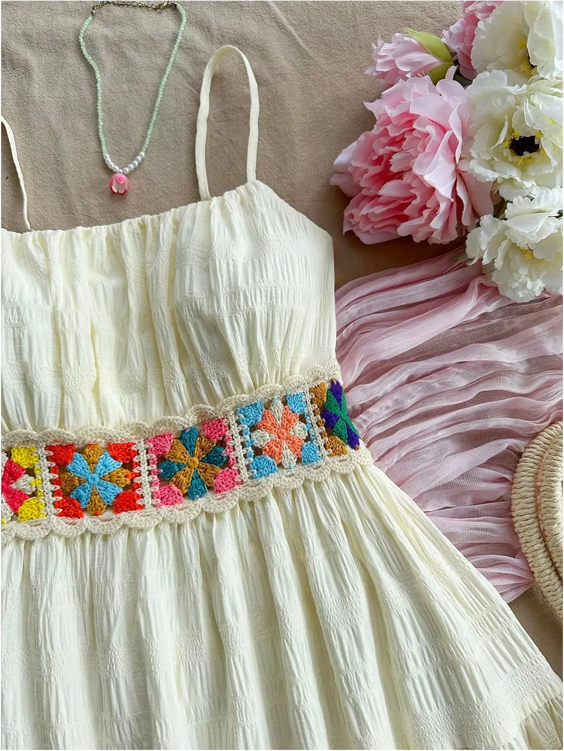 MakeMeChic Women's Floral Crochet Shirred Mini Dress Spaghetti Strap A Line Cami Dresses