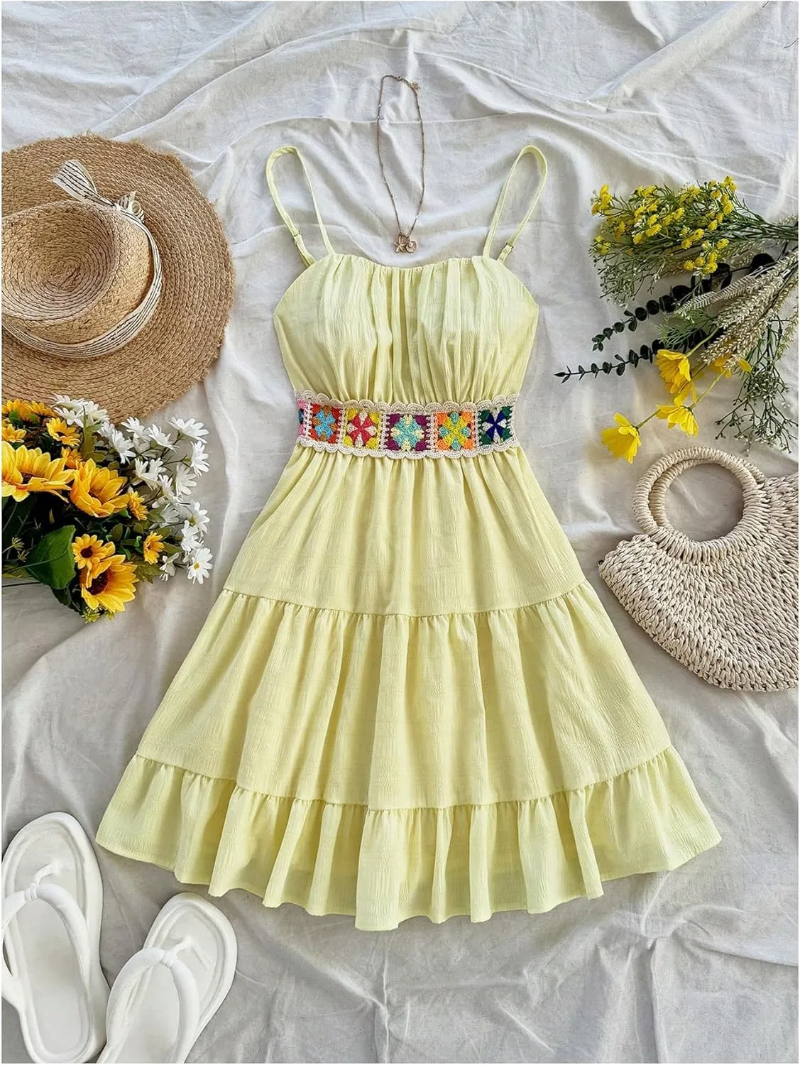 MakeMeChic Women's Floral Crochet Shirred Mini Dress Spaghetti Strap A Line Cami Dresses