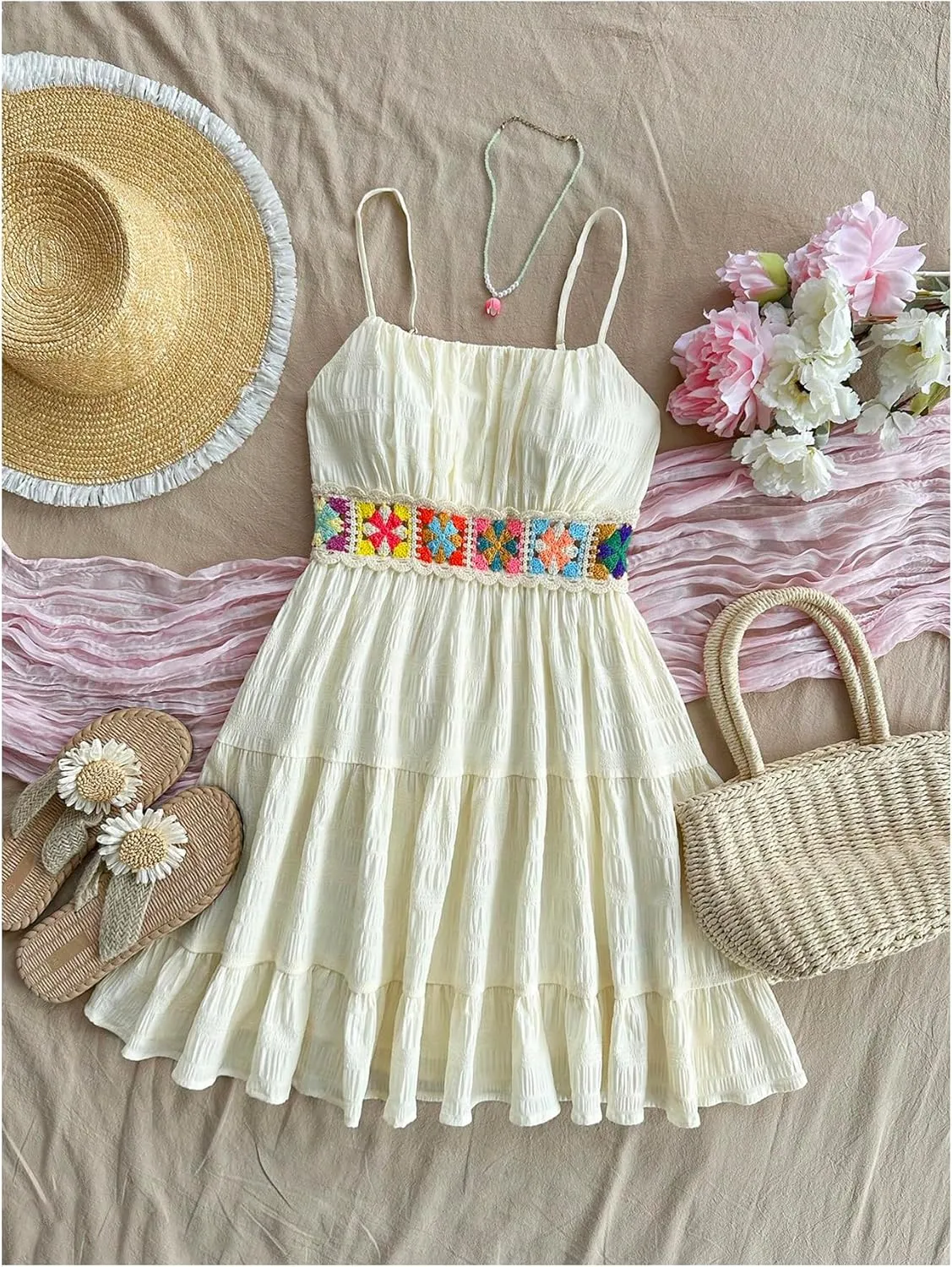 MakeMeChic Women's Floral Crochet Shirred Mini Dress Spaghetti Strap A Line Cami Dresses