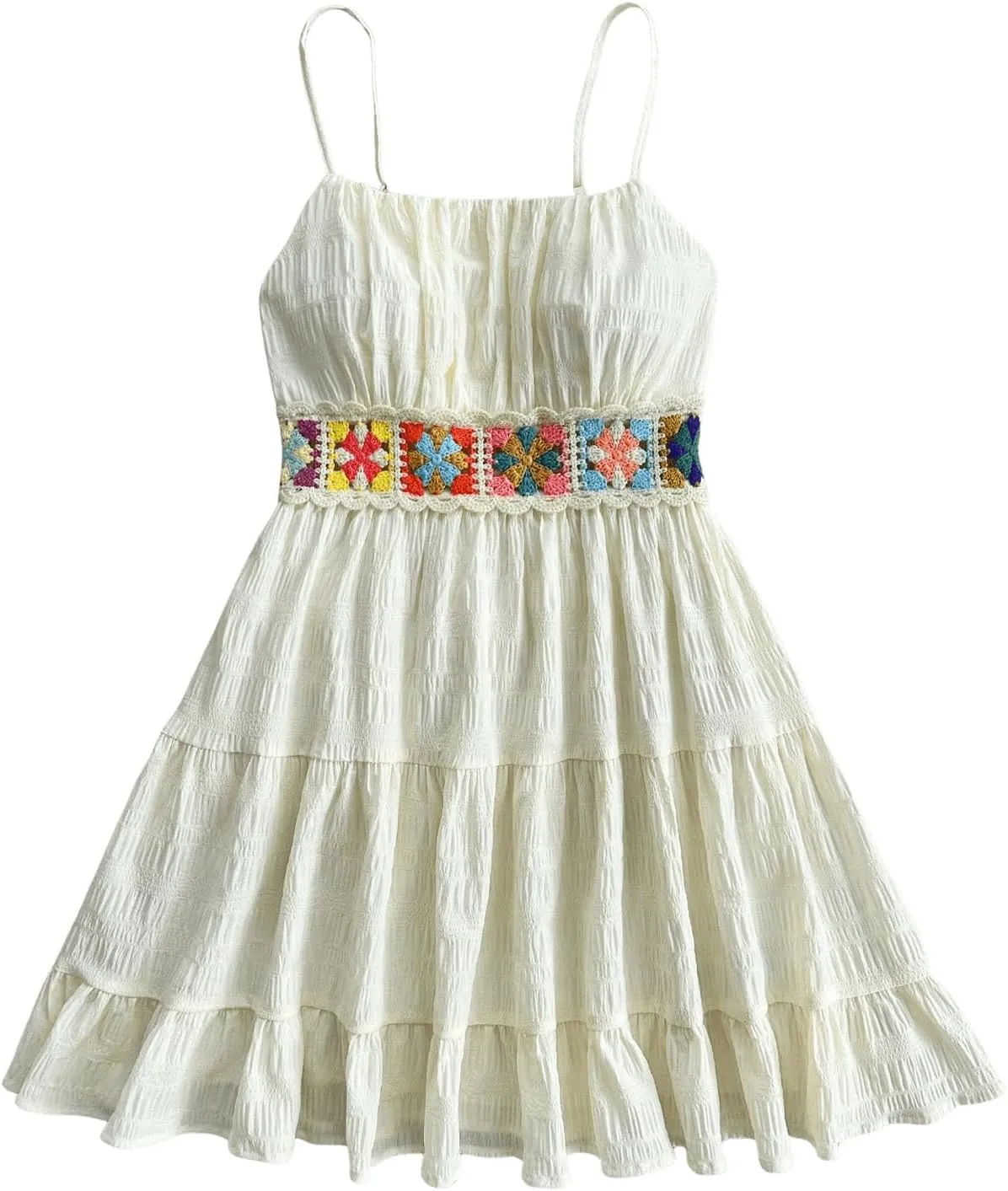 MakeMeChic Women's Floral Crochet Shirred Mini Dress Spaghetti Strap A Line Cami Dresses