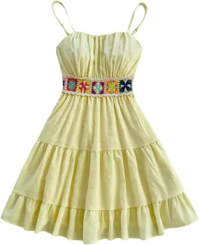 MakeMeChic Women's Floral Crochet Shirred Mini Dress Spaghetti Strap A Line Cami Dresses
