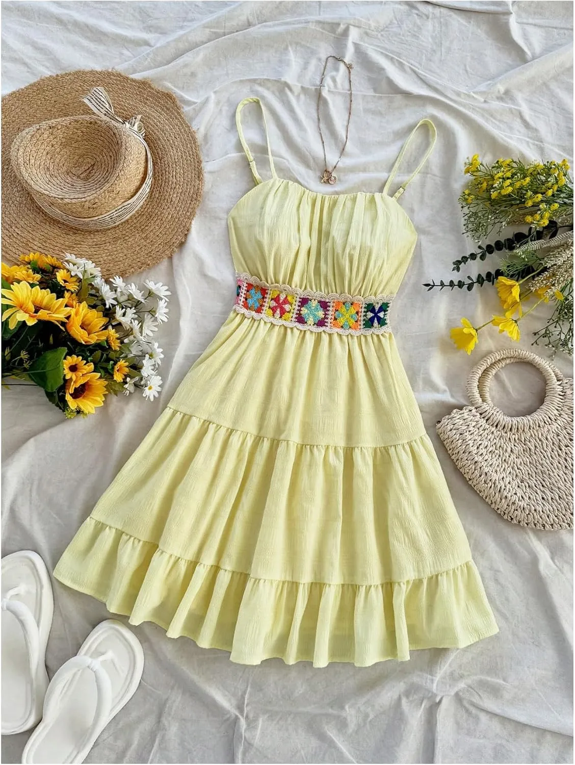 MakeMeChic Women's Floral Crochet Shirred Mini Dress Spaghetti Strap A Line Cami Dresses