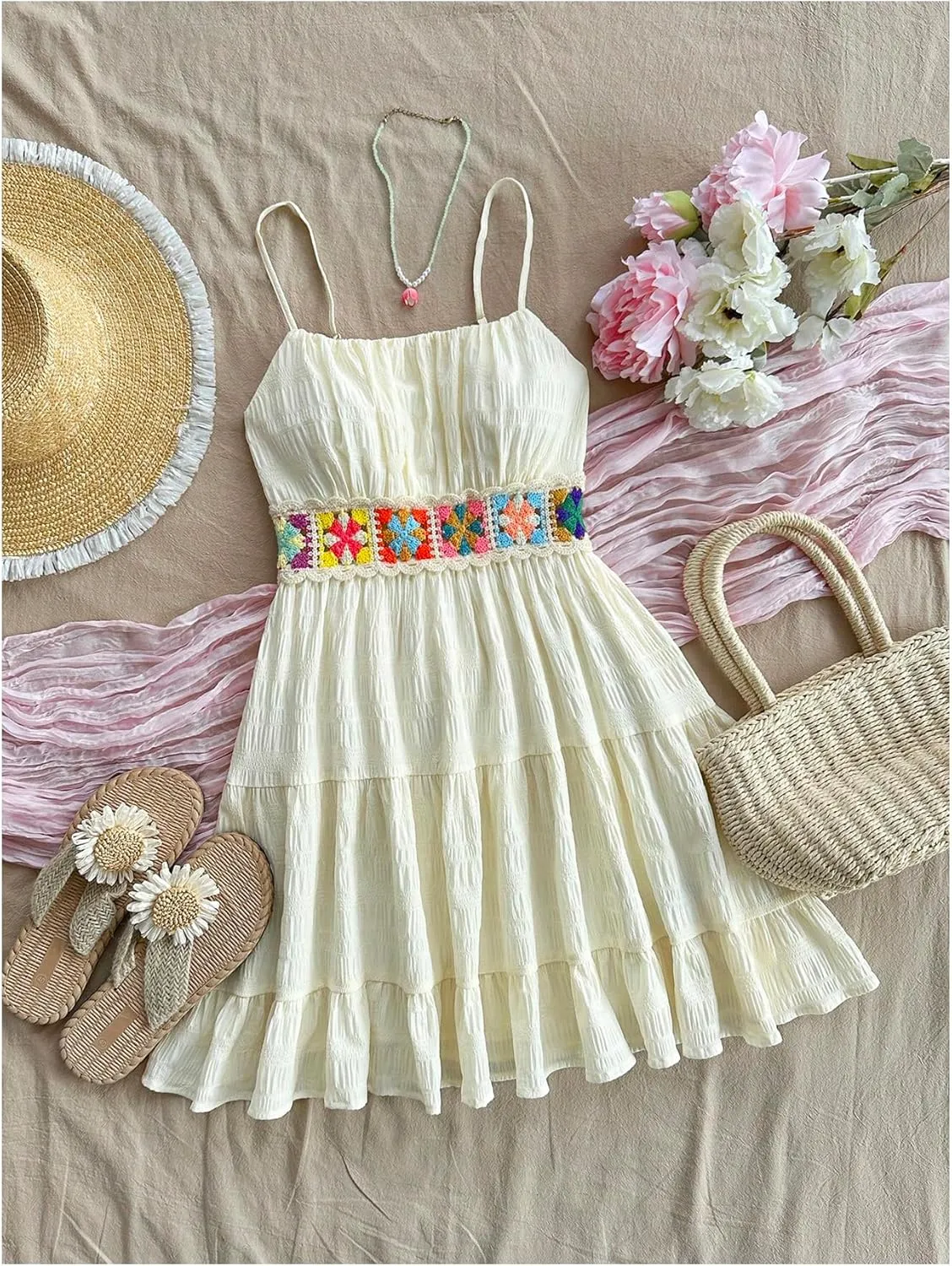 MakeMeChic Women's Floral Crochet Shirred Mini Dress Spaghetti Strap A Line Cami Dresses