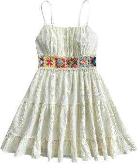 MakeMeChic Women's Floral Crochet Shirred Mini Dress Spaghetti Strap A Line Cami Dresses
