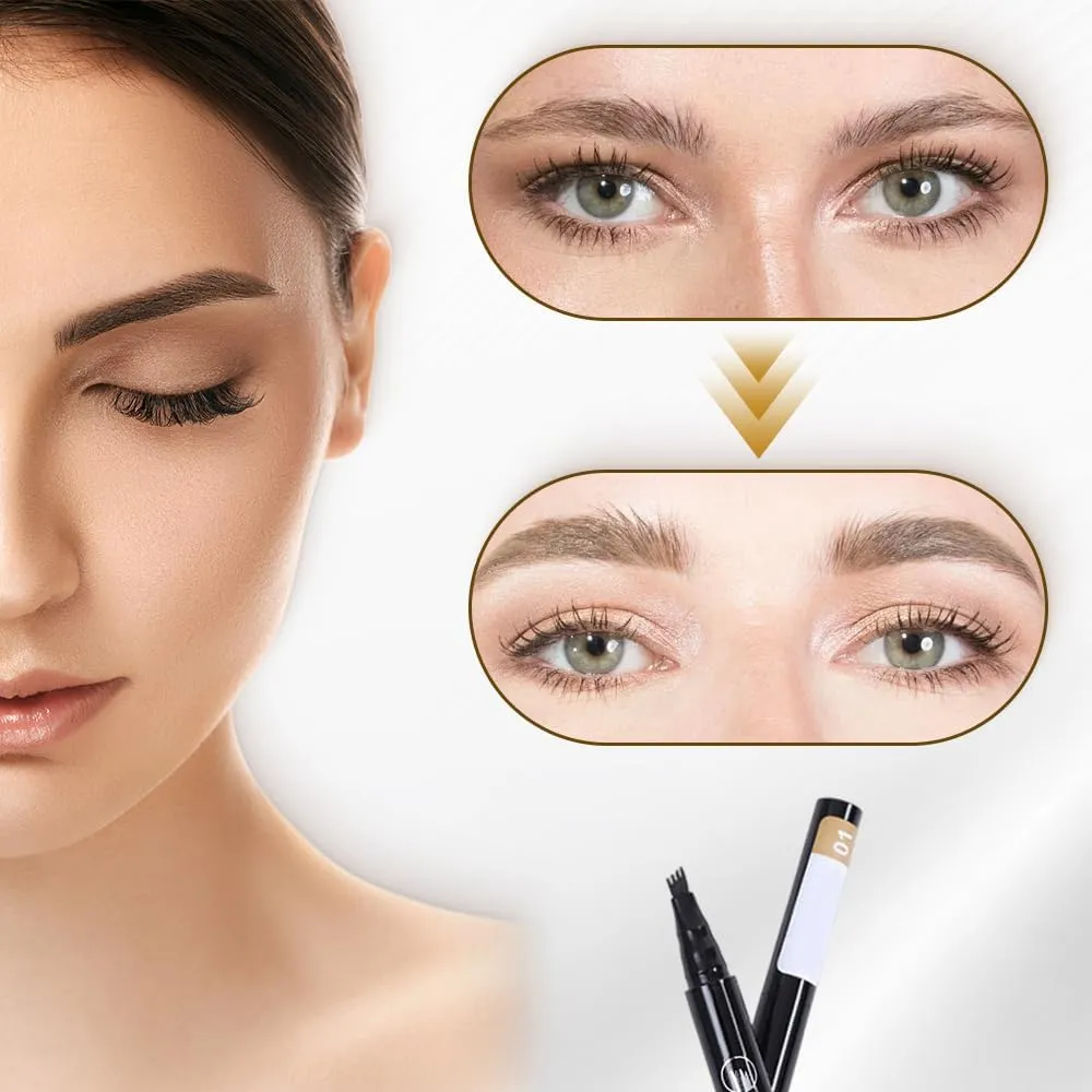 Microblading Eyebrow Pencil, 2025 New Magic Eyebrow Tattoo Pencil 4 Fork Tip, Natural Long-Lasting Smudge-proof Fine Stroke eyebrow microblading Pen for Women (Light Brown)