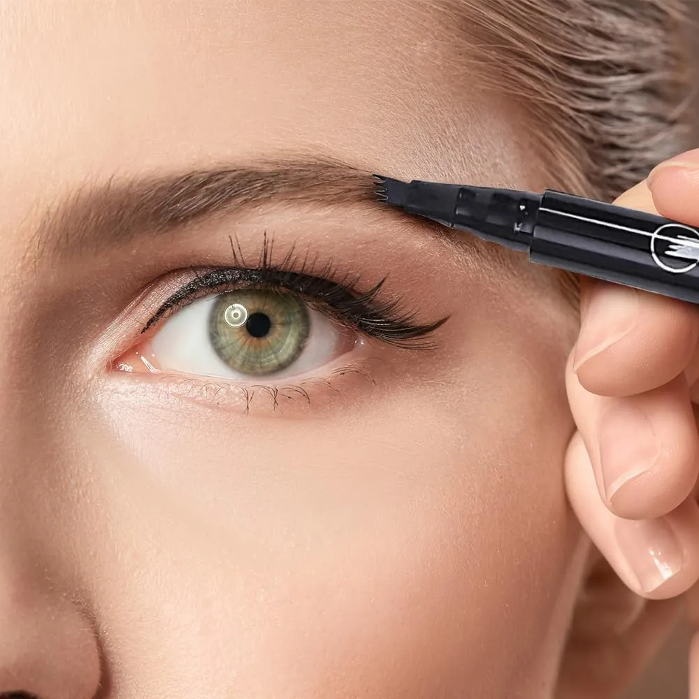 Microblading Eyebrow Pencil, 2025 New Magic Eyebrow Tattoo Pencil 4 Fork Tip, Natural Long-Lasting Smudge-proof Fine Stroke eyebrow microblading Pen for Women (Light Brown)