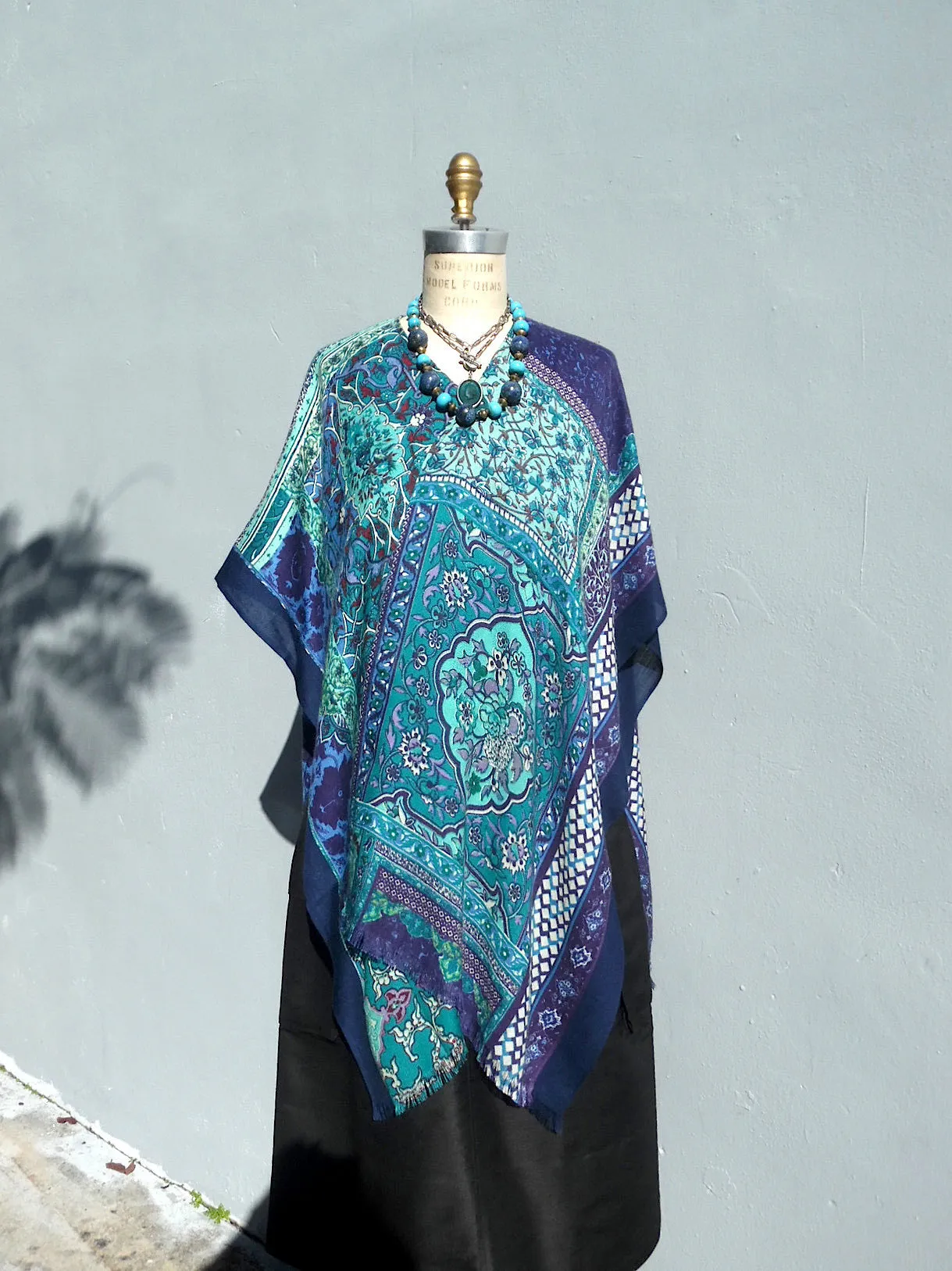 Silk Cashmere Kimono Cape Navy Turquoise Ivory