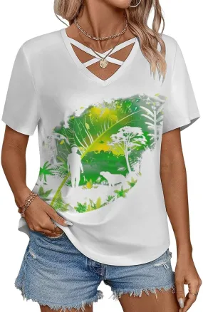 Summer Tops for Women Cute Cartoon Pattern T Shirts V Neck Short Sleeve Pullover Cute Basic Fit