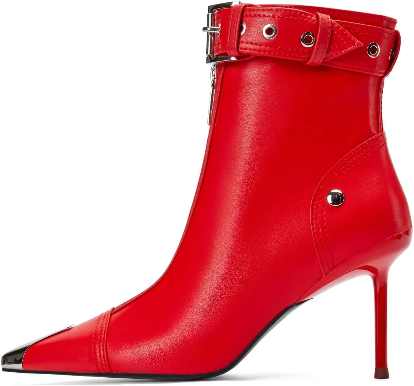 Women's Fashion Metal Pointed Toe Heel Boots Sexy Zip Ankle Stilettos Booties with Strap Buckle Party Dress High Heels for Women