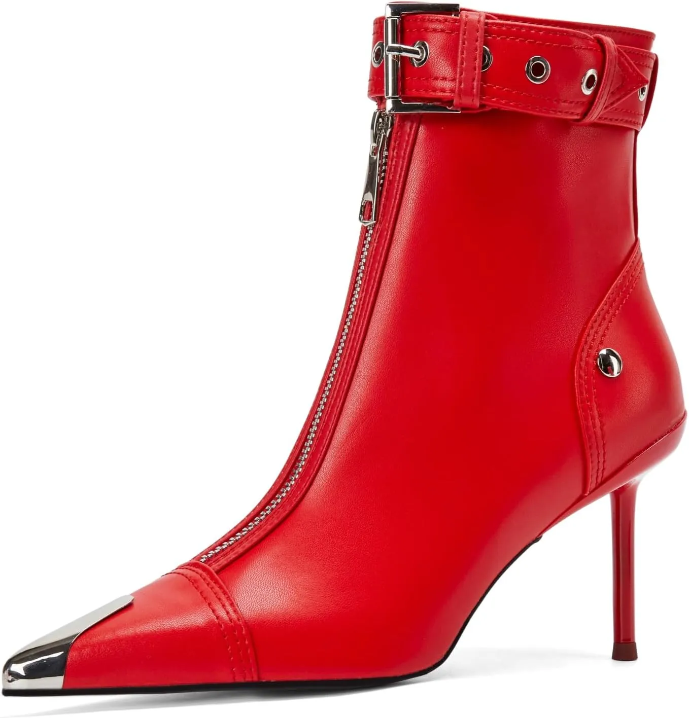 Women's Fashion Metal Pointed Toe Heel Boots Sexy Zip Ankle Stilettos Booties with Strap Buckle Party Dress High Heels for Women