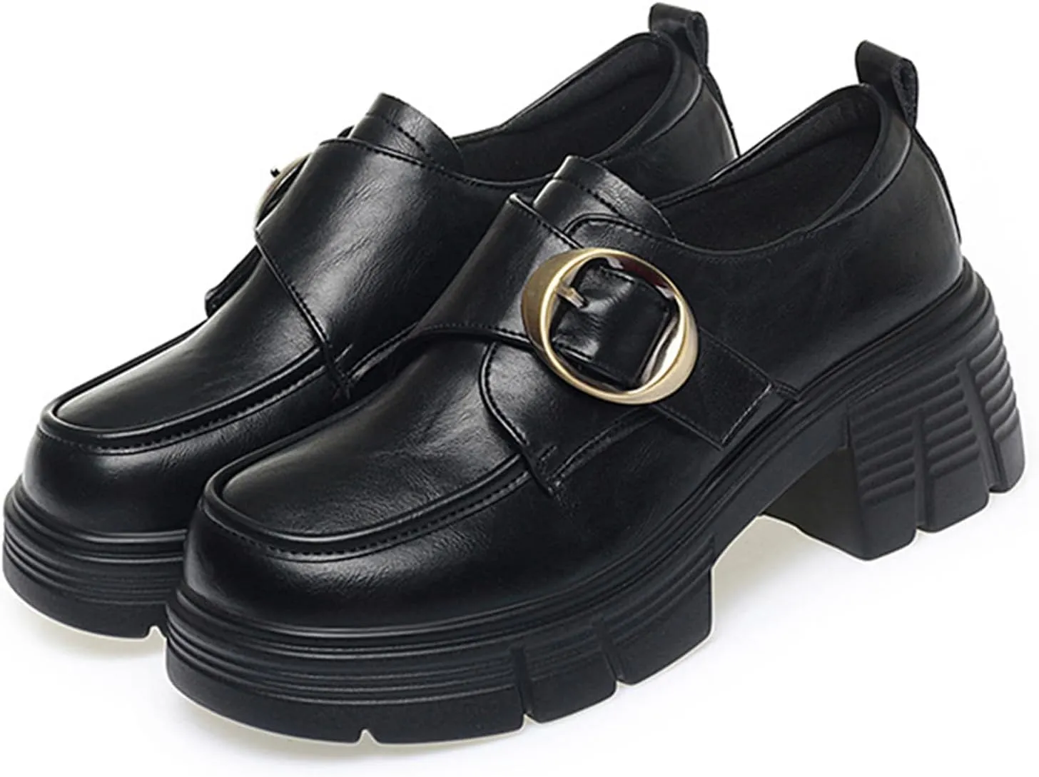 Women's Leather Buckle Platform Chunky Dress Loafers with Hook and Loop Chunky Block Heel Comfortable Slip-On Loafers Casual Business Office Work Shoes