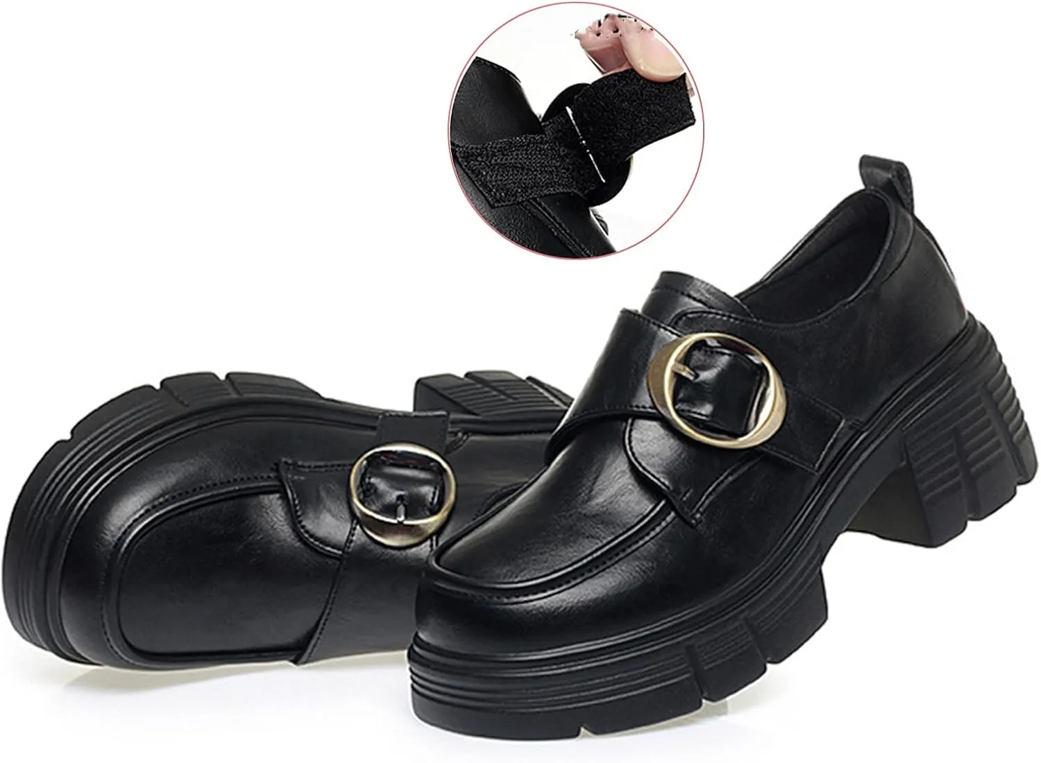 Women's Leather Buckle Platform Chunky Dress Loafers with Hook and Loop Chunky Block Heel Comfortable Slip-On Loafers Casual Business Office Work Shoes