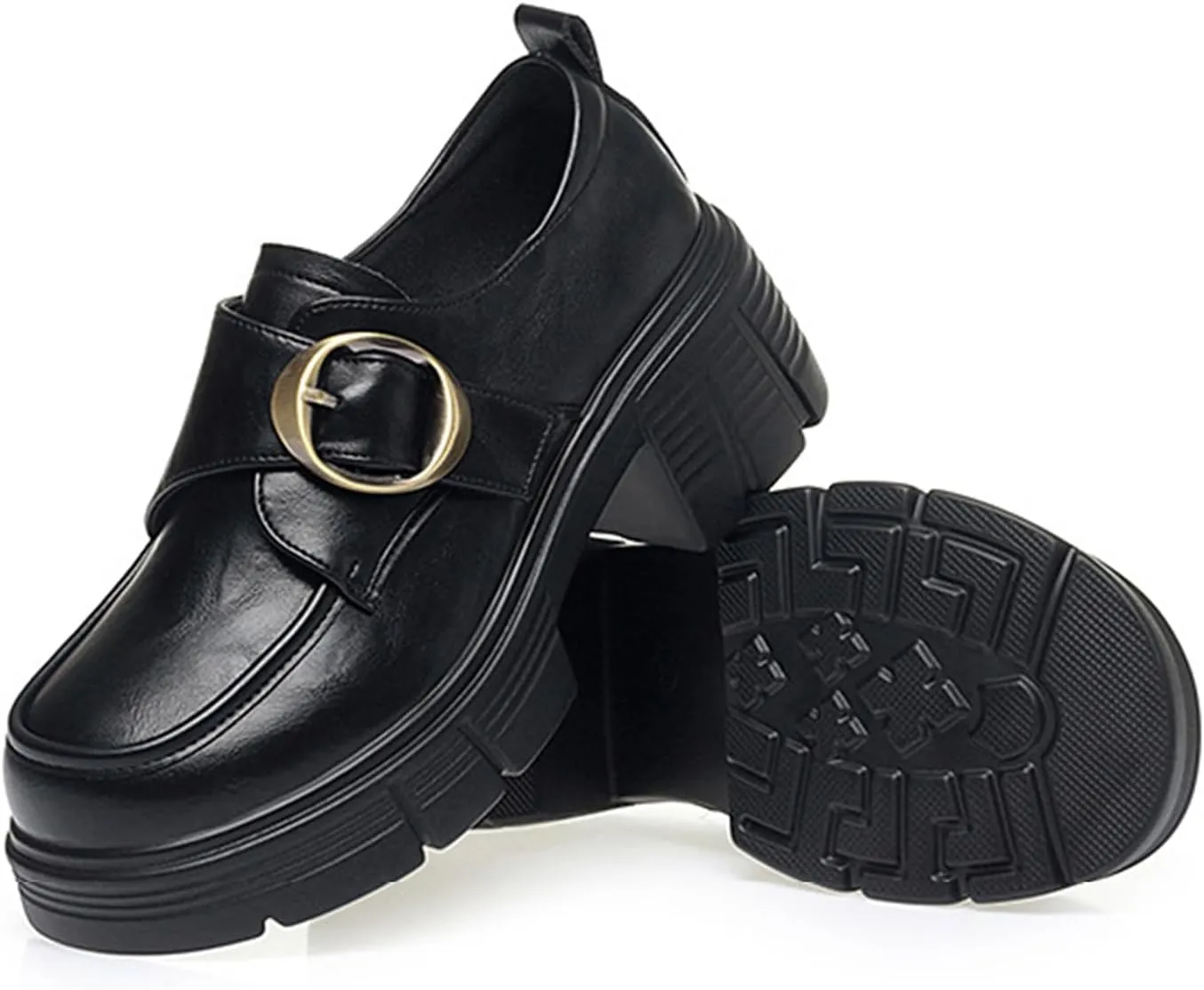 Women's Leather Buckle Platform Chunky Dress Loafers with Hook and Loop Chunky Block Heel Comfortable Slip-On Loafers Casual Business Office Work Shoes