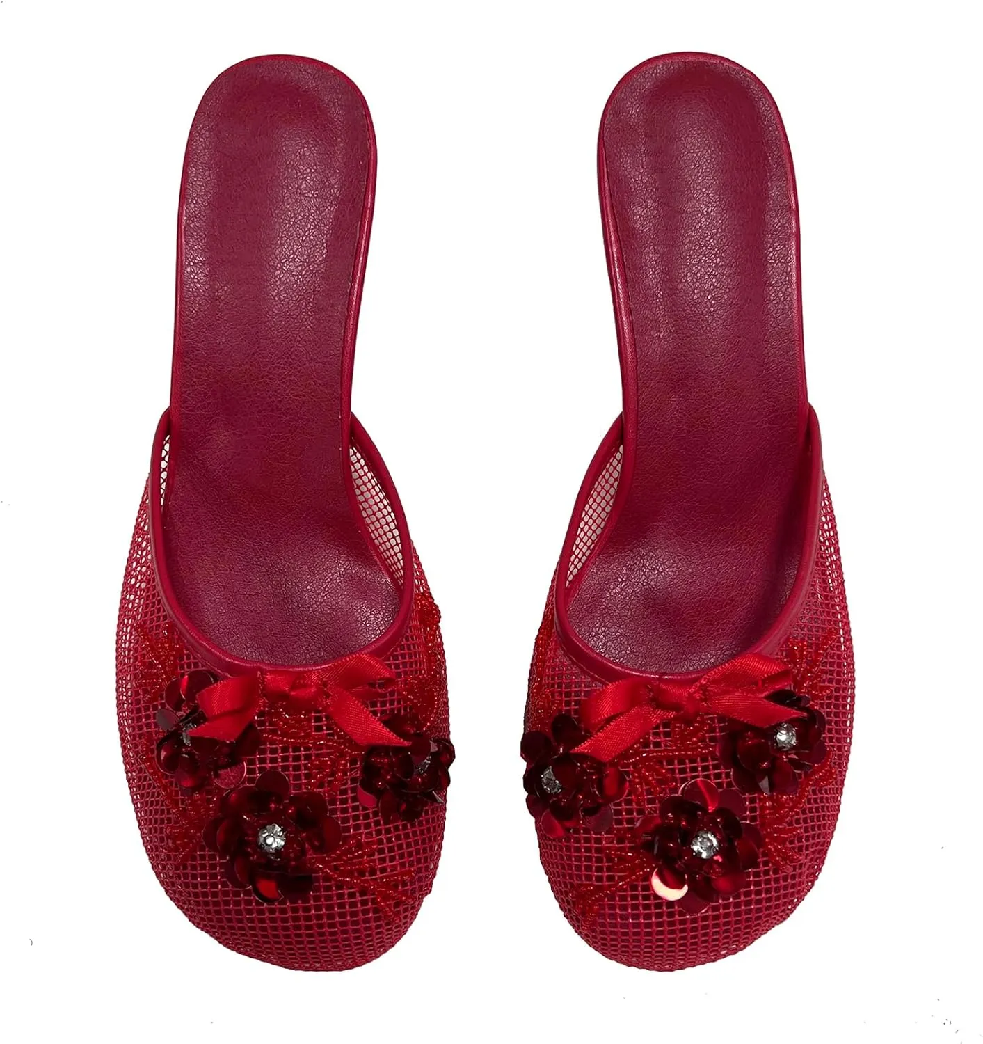 Women's Mesh Mule Slip On Sandals With Floral Sequin Embellishments Round Toe Middle Heel Slides Slippers 2.5 Inch