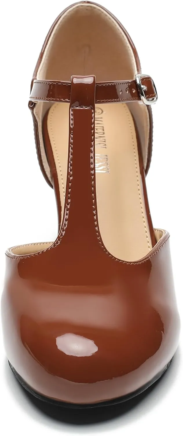 Women's T Strap Mary Jane Shoes Mid Block Chunky Heel Buckle Dress Pumps