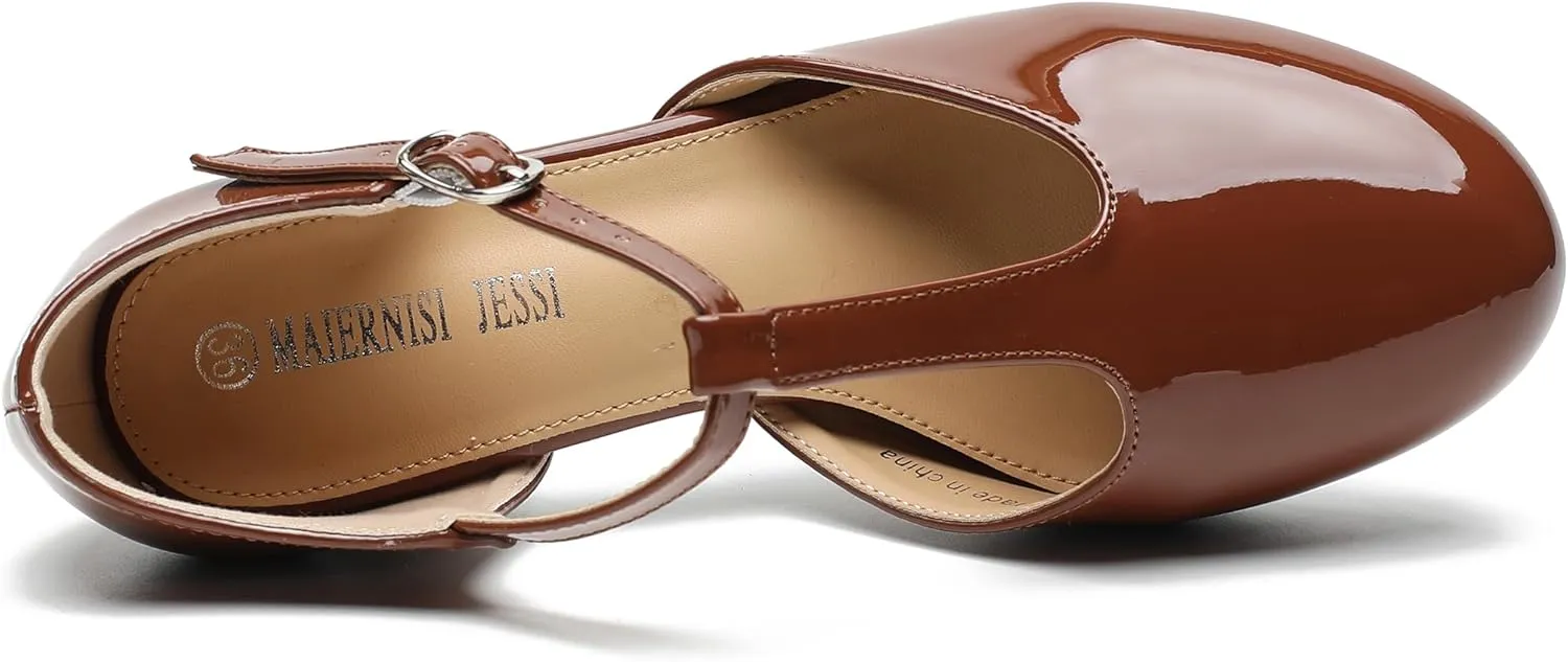 Women's T Strap Mary Jane Shoes Mid Block Chunky Heel Buckle Dress Pumps